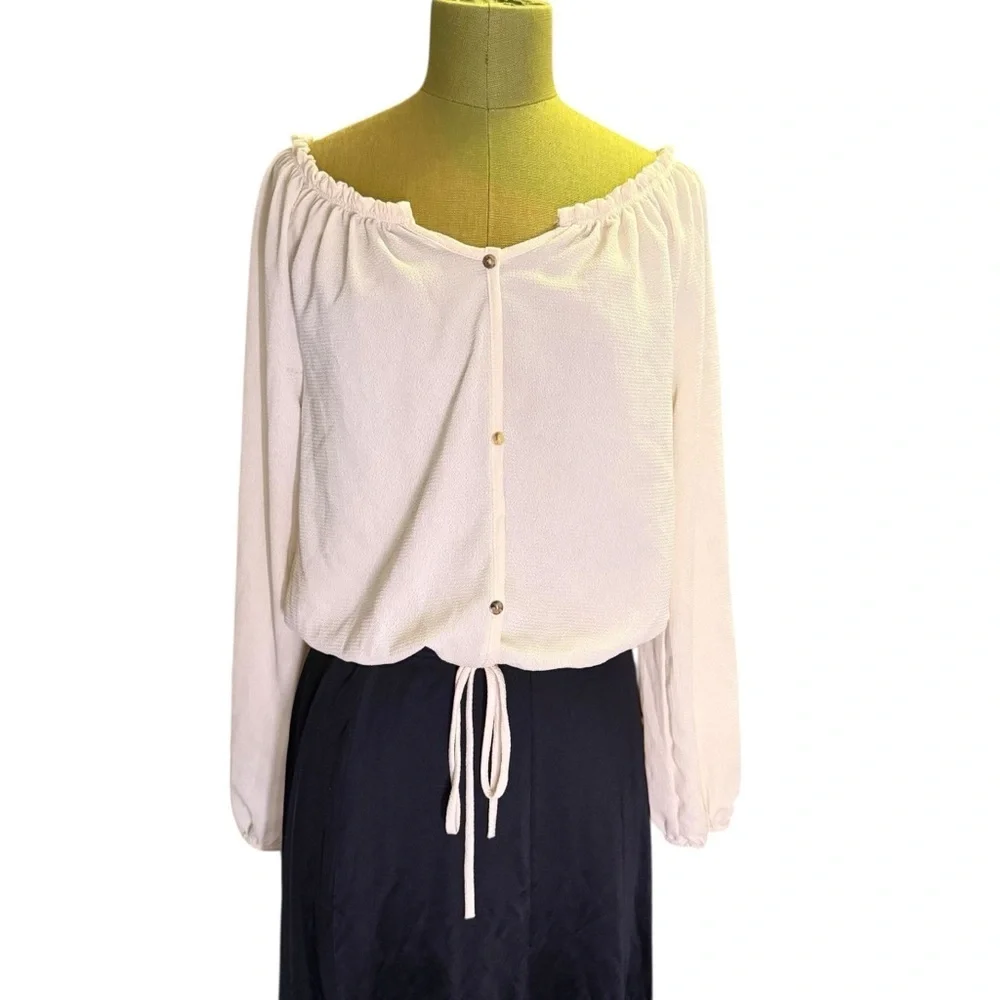 Cream Off-The-Shoulder Ruffle Neck Top - Picture 3 of 4